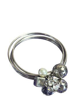 Vtg Silvertone Stacked Bangle Bracelet Bead Cluster Clear Rhinestones Faux Pearl